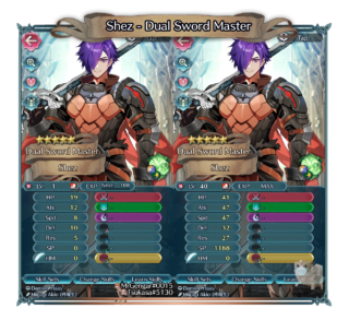 【FEH】伝承シェズ男のステータスは攻速型！！ 専用武器『修羅の双刃』は戦闘回数に応じて敵の全ステを最大-12するサポート効果もあるぞ